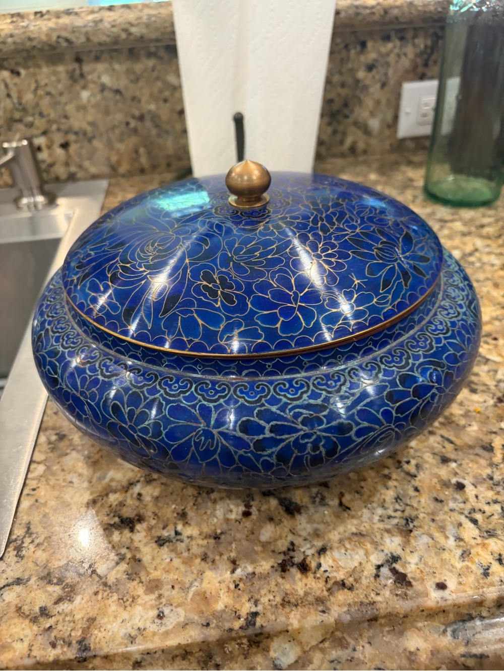Chinese Zi Jin Ching Cloisonné chrysanthemum blue flower bowl